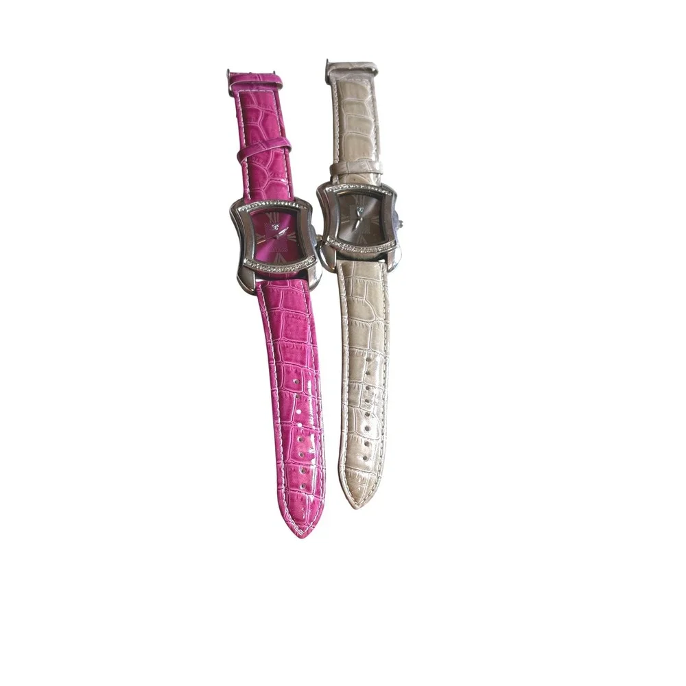 Burgi Set of 2 Rhinestone Curved Case Quartz Pink & Beige Croc NEW Batteries